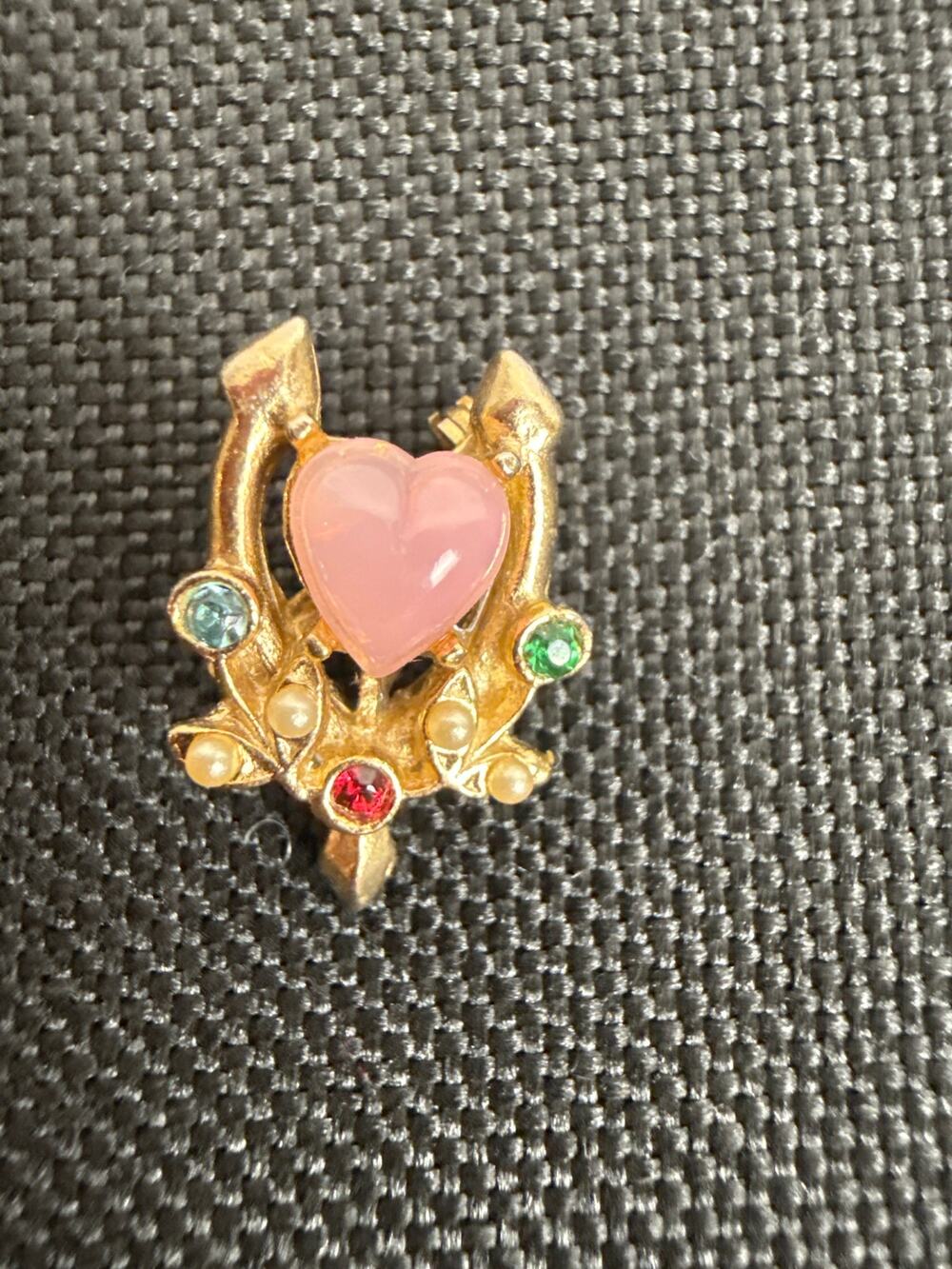 Vintage Gold Tone Wishbone Scatter Pin Brooch Pink Stone Wishbone